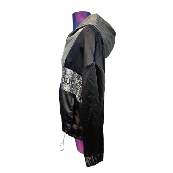 Zara Basic Silver & Black Satin Hooded Windbreaker Size Medium Women's H34 - Picture 4 of 10